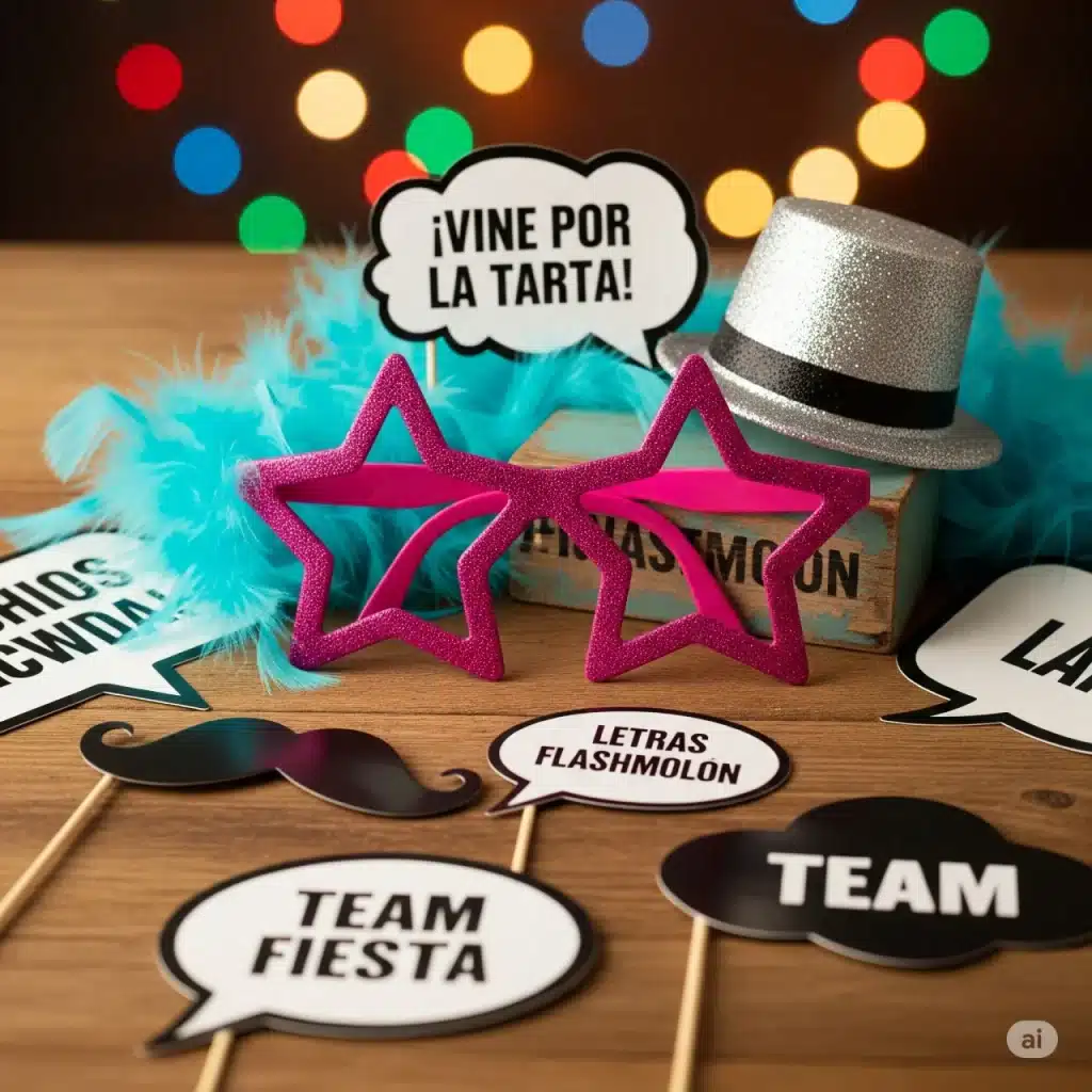 10 Ideas Photocall + Generador IA | ¡Crea Fotos Virales! 22 Atrezzo divertido para un photocall temático en una boda, una de las ideas originales para animar a los invitados con gafas, sombreros y carteles.