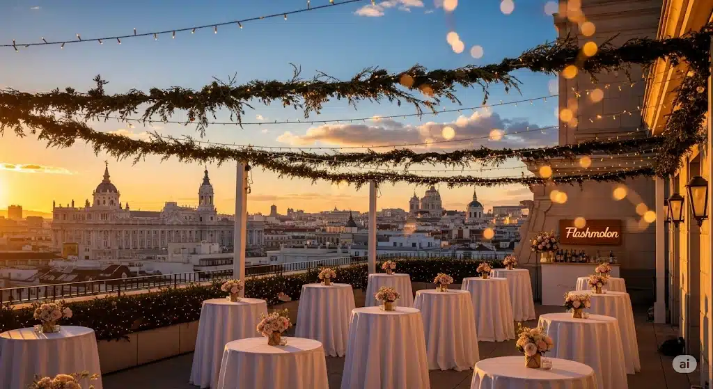 IA para tu Boda en Madrid | Elige tu Hotel Perfecto 💍 25 Terraza de un hotel de lujo en Madrid preparada para una boda, con el skyline de la ciudad al atardecer, creando un ambiente romántico.