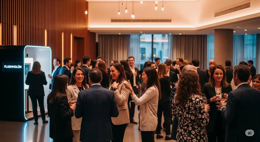 Fotomatón para Cenas de Empresa en Madrid | Eventos Premium 18 Profesionales disfrutando de un evento de empresa premium en Madrid, con un fotomatón de Flashmolón fomentando el networking y la diversión.