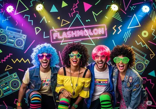 Photocall para Fiestas en Madrid | Ideas Originales y Alquiler 12 Un grupo de amigos disfrutando de un photocall temático de los años 80, una de las ideas originales para fiestas de Flashmolón.