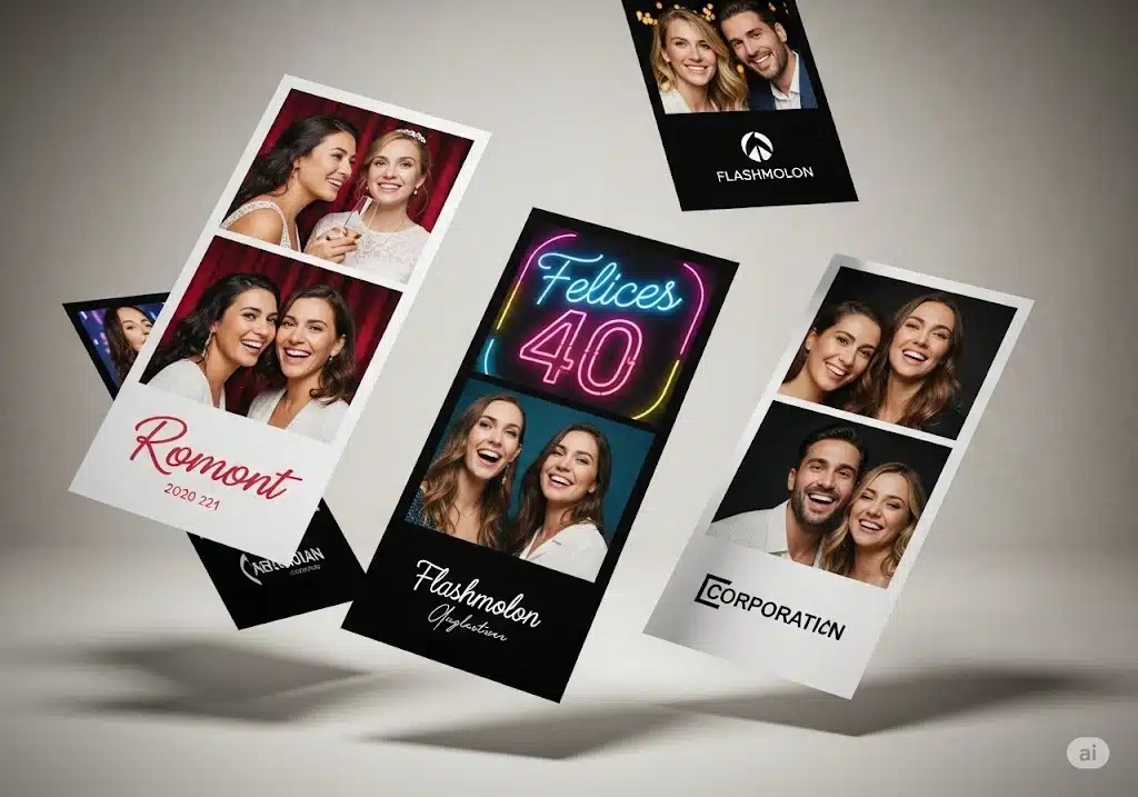Fotos y Photocall Personalizados Fiestas | Flashmolón 🎨 31 Collage de varias tiras de fotomatón personalizadas para diferentes eventos como bodas y cumpleaños, mostrando la calidad de diseño de Flashmolón.