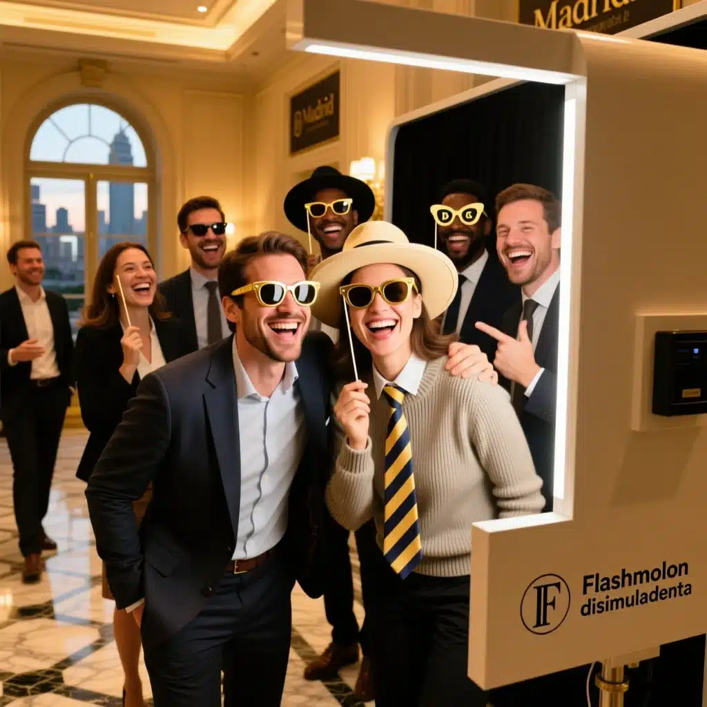 Fotomatón de Lujo Madrid ✨ Eventos de Empresa INOLVIDABLES 34 Compañeros de trabajo riendo y posando con atrezzo divertido en un fotomatón durante un evento de empresa en Madrid.