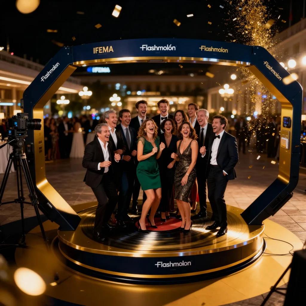 Alquiler Fotomatón Empresas Madrid | Eventos Corporativos VIP 21 Grupo de ejecutivos utilizando una plataforma 360 personalizada con imagen de marca en una cena de empresa en Madrid. Servicio de Flashmolón.