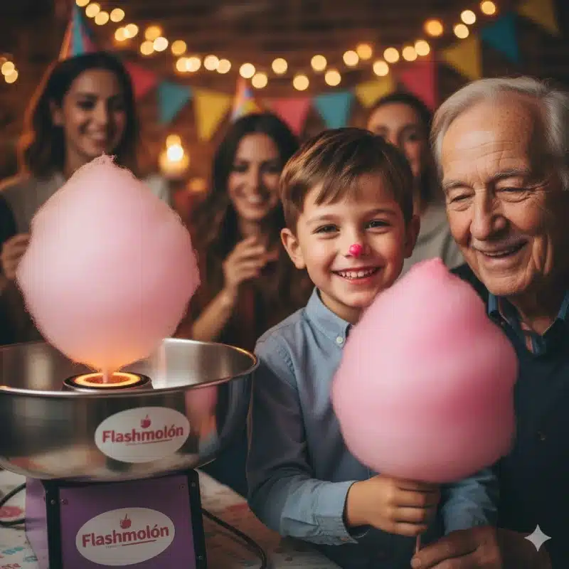 Niño y abuelo sonriendo con un algodón de azúcar en una comunión